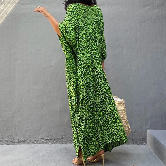SOLD OUT Lime Green Leopard Animal Print V-Neck Long Maxi Kaftan Kimono Dress - Picture 3 of 8